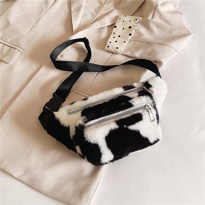 Pluche Taille Tas Voor Vrouwen Taille Riem Zakken Mode Zebra Patroon Crossbody Borst Bag Telefoon Pack Trend Meisje Schouder Fanny pack: Cow Black