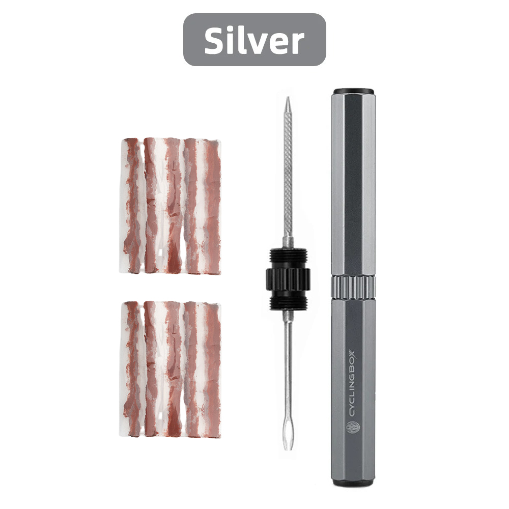 Kit de reparación de neumáticos sin cámara para bicicleta de montaña, tapón plano para pinchazo, reparación de tiras de tocino de goma y juego de herramientas de inserción: Negro