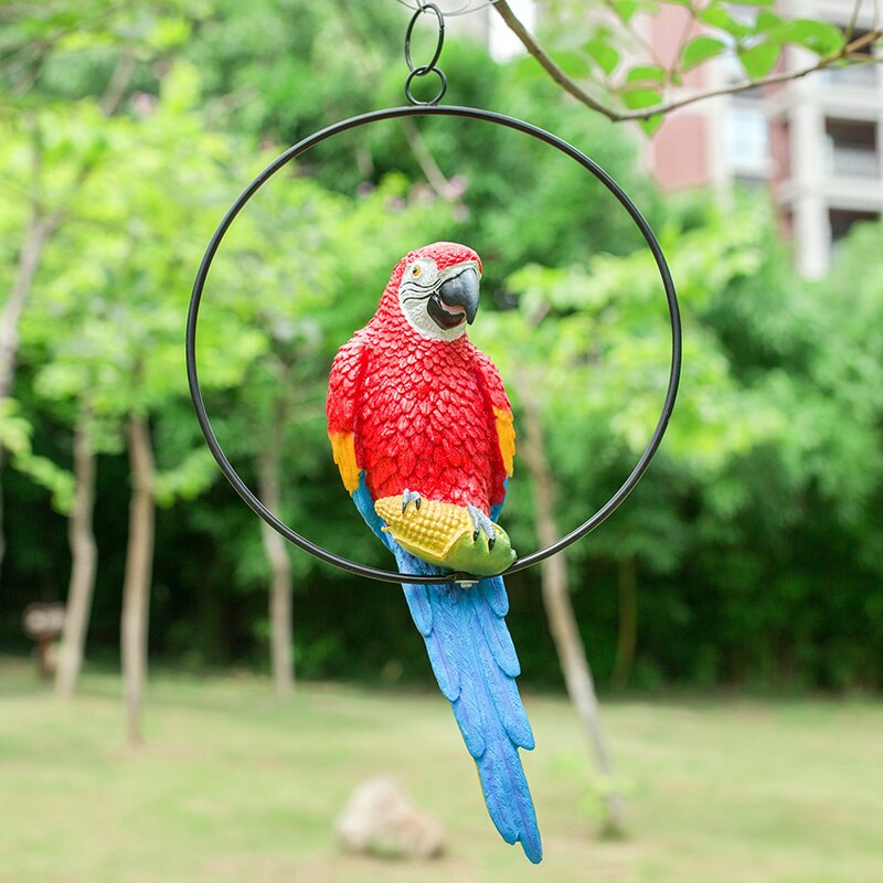 Hand Painted Red Yellow Blue Resin Parrot On Iron Circle Frame Garden Decor Hanging Ornament