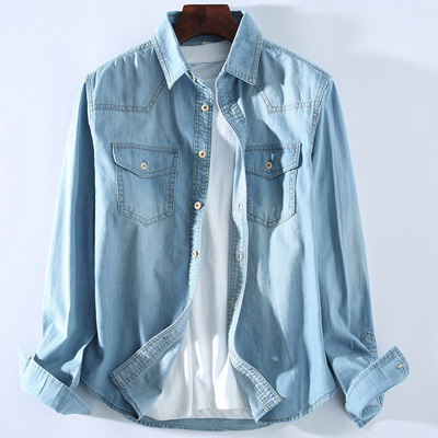 DIMUSI Mens Denim Shirt Tropical Casual Men Long Sleeve Windbreaker Shirt Male Cotton Cowboy Jean Shirts Clothing 3XL,YA934: Light Blue / XXL
