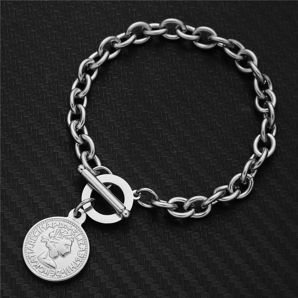 Hip hop aço inoxidável toggle beleza cabeça encantos pulseiras para mulheres homens ot fivela moeda pingente goth pulseira