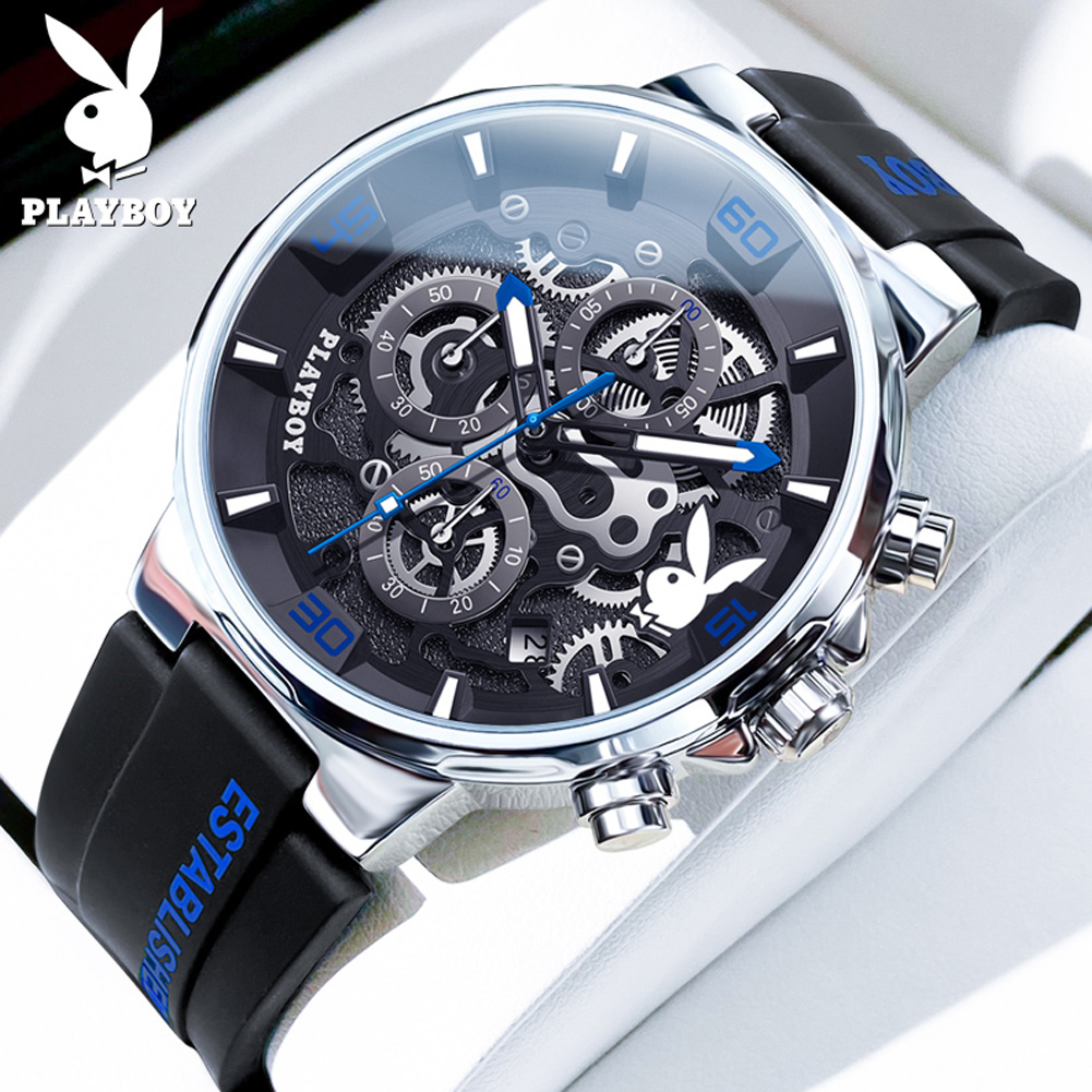 PLAYBOY, reloj de cuarzo de tendencia de la mejor para hombre, correa de silicona Original, relojes para hombre, calendario resistente al agua, reloj masculino multifunción: Azul