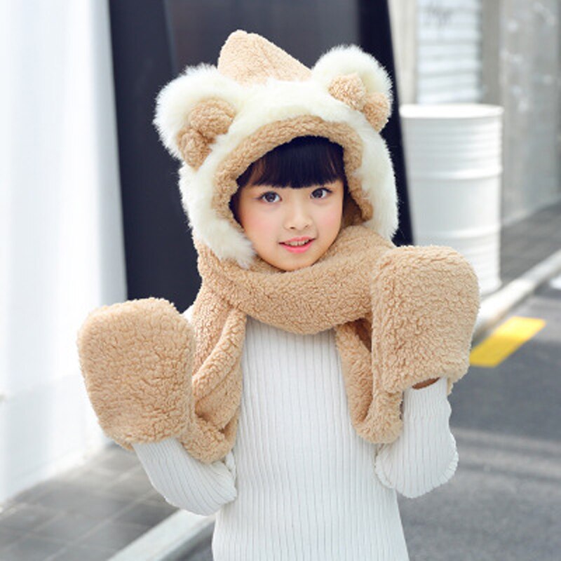 Foux Bomber Hats Women Kids Parent Child Winter Bear Ears Russian Cap Scarf Neck Gloves Snow Warm Baby Boy Girl Ushanka Trooper: Kid Khaki