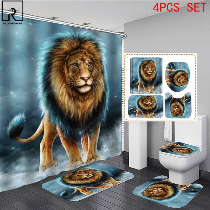 Animal Print Black Shower Curtains Lion Tiger 3D Bathroom Curtain Set Anti-slip Bath Mat Soft Toilet Lid Cover Home Rugs Carpets: 4PCS SET-E