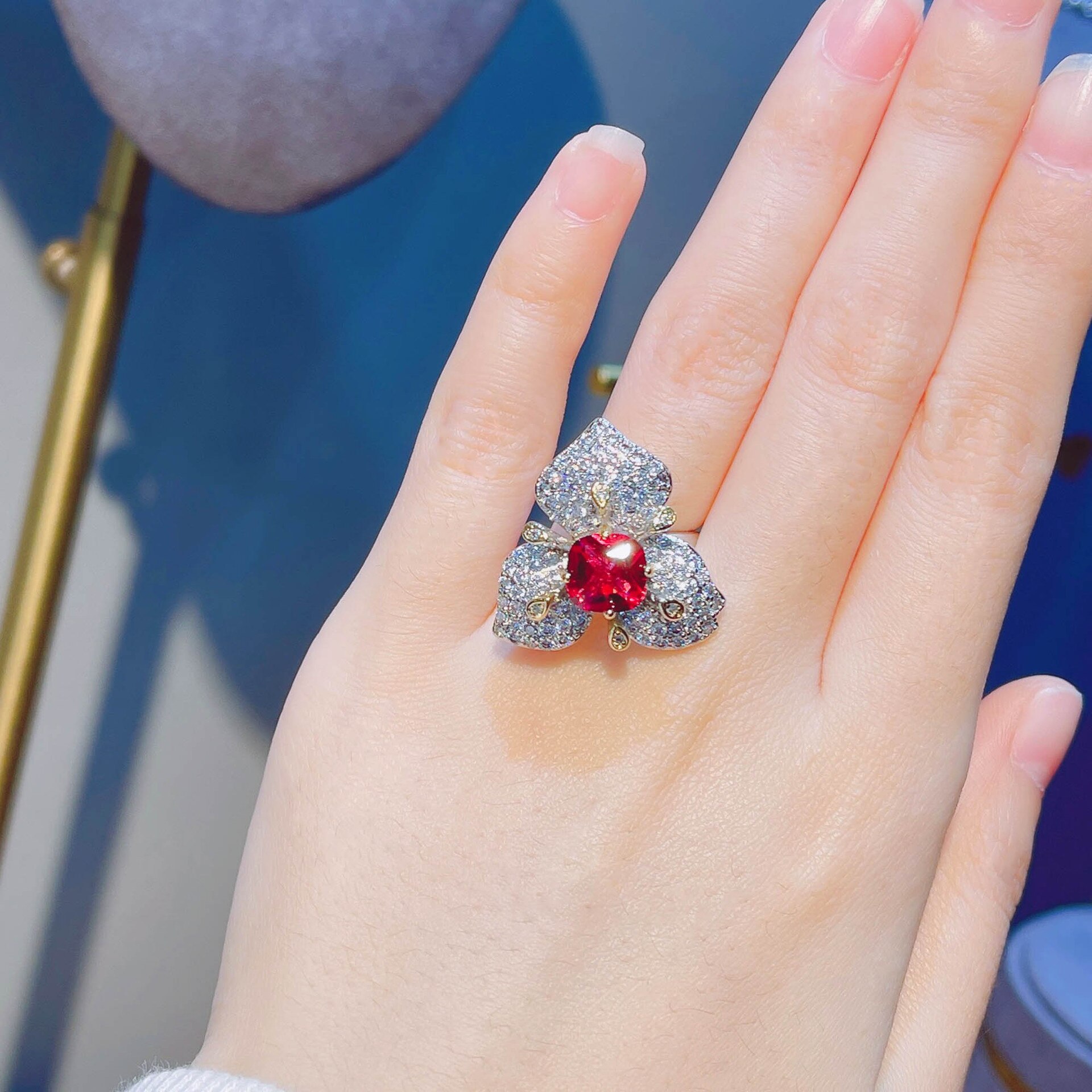 2022 Trendy Silver Color Jewelry Sets Flower Petal Crystal Stud Earrings Ring Popular Birthday: Red Ring