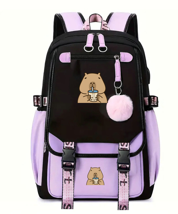 Mochila escolar para niños y adolescentes, mochila escolar Kawaii Capybara para niñas y niños, mochila para adolescentes, mochila con carga Usb: Azul