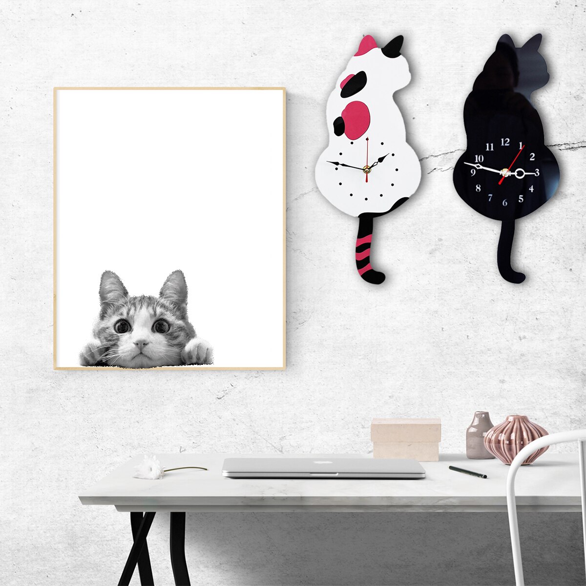 3D Cute Cat Wall Clock Wag Tail Silence Home Decoration Kids Black