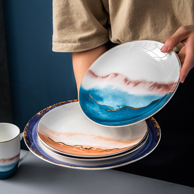 Assiette en céramique dorée vaisselle décoration de la maison assiette en porcelaine plat gâteau pâtisserie assiette à gâteau de fruits bol à soupe de riz tasse à thé