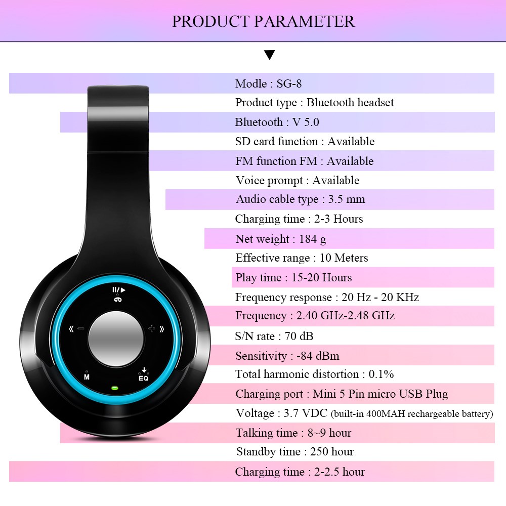 Auriculares inalámbricos con bluetooth 5,0, reproductor de mp3, tarjeta sd, micrófono para música