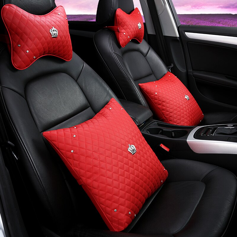 Car Headrest Pillow Luxury Diamond Pattern Car Headrest Neck Pillow Cushion Red Pink Black Women Car Accessories