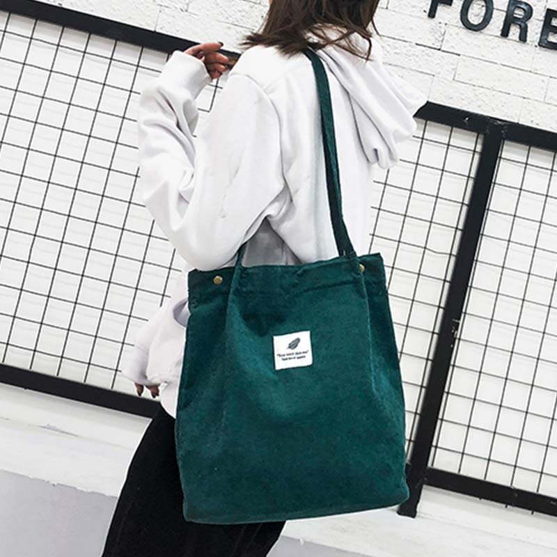 Herald femmes velours côtelé sac à provisions solide toile femme sac à bandoulière environnement stockage sac à main réutilisable fourre-tout sacs: green