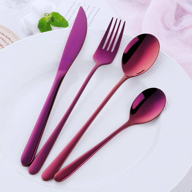 4 Stuks Rvs Koreaanse Bestek Set Bestek Set Goud Voedsel Servies Lepels Vork Messen Draagbare Hotel Home Party Servies: Purple
