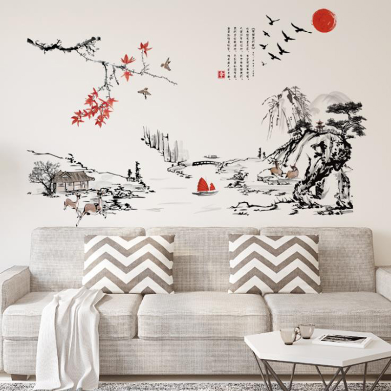 Chinese style Ink painting landscape art wall Stickers Living room Bedroom background for home decoration Mural Decals wallpaper