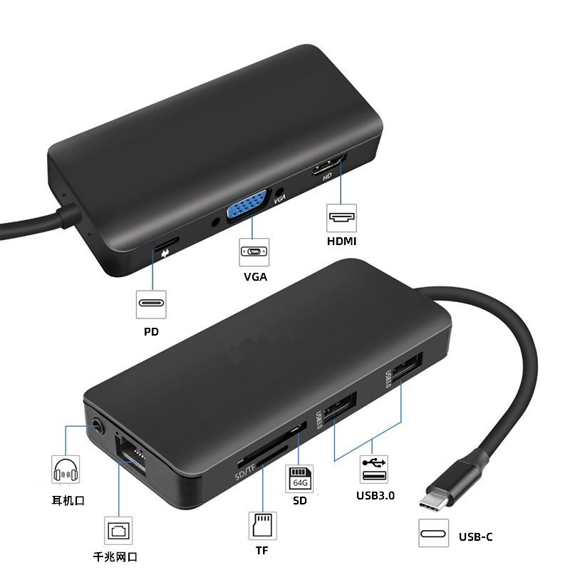 Puerto adaptador multipuerto 9 en 1 USB tipo C a 4K HDMI con VGA Gigabit Ethernet PD carga USB 3,0 puertos lector de tarjetas SD