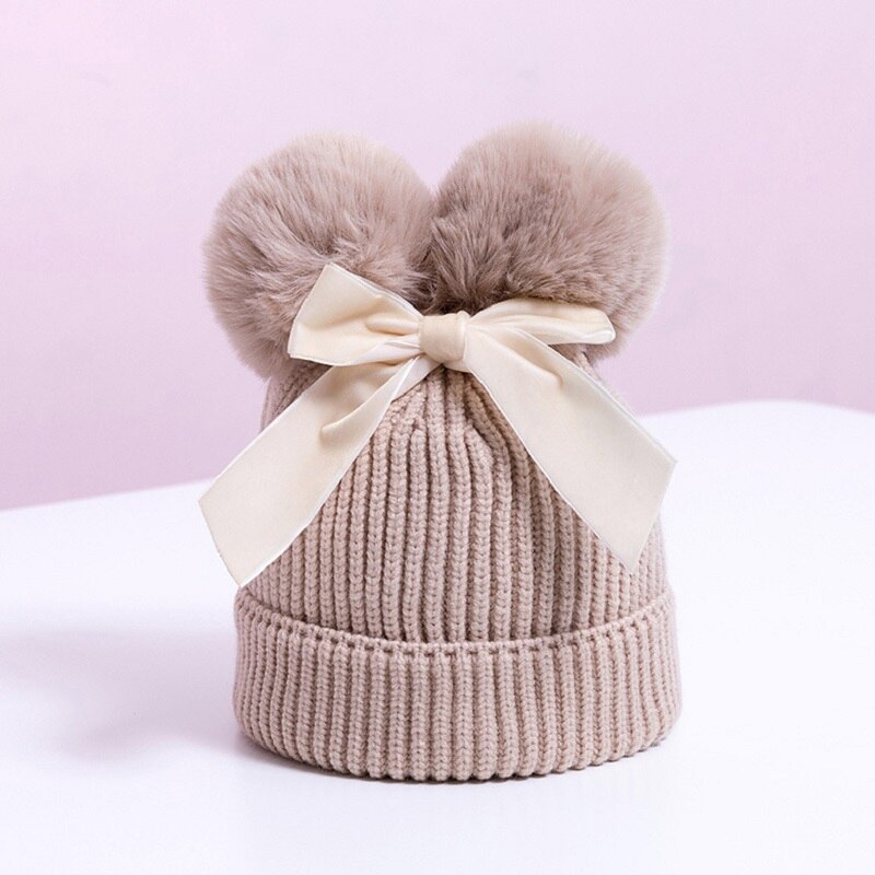 Chapeau d'hiver à Double pompon pour enfants | Chapeau avec nœud, casquette Crochet, chapeau et épais, chapeaux pour bébés: beige