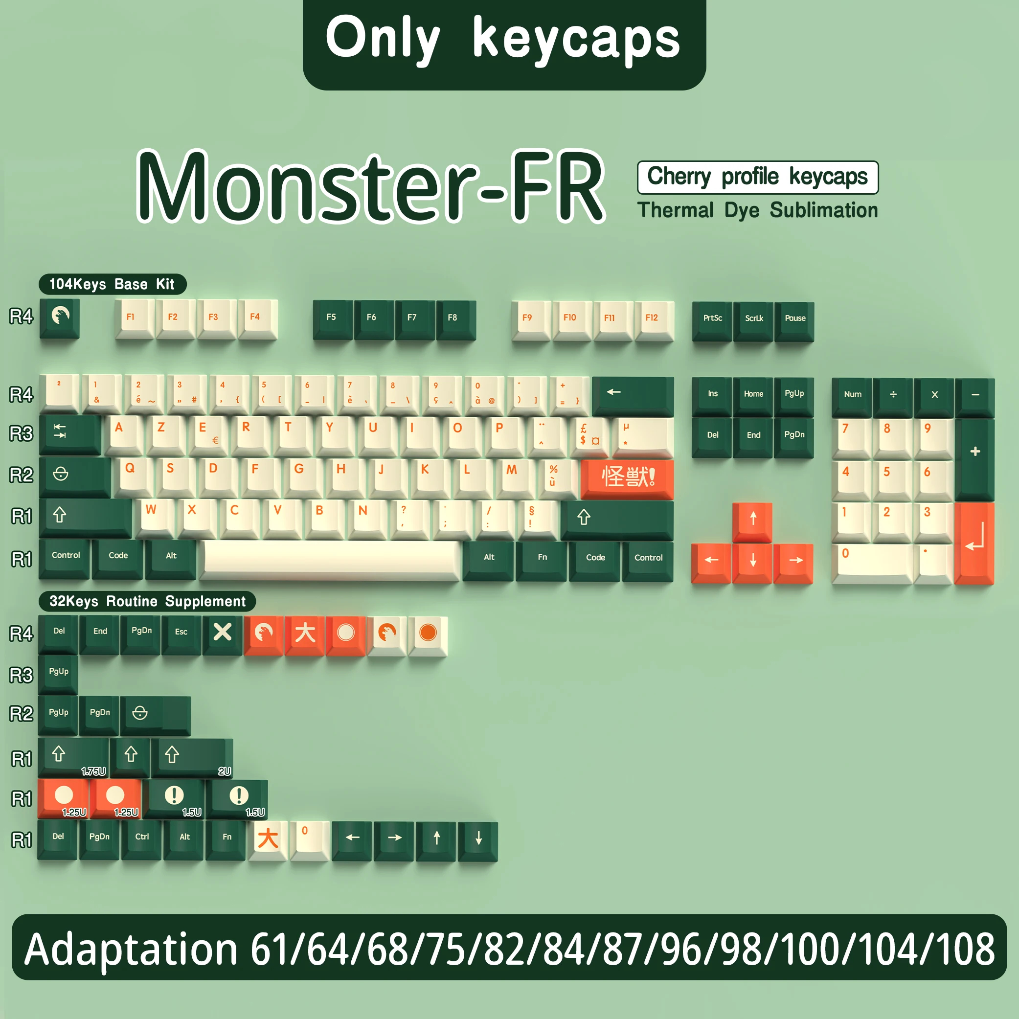 Französische Tastenkappe 136–156 Tasten BPT Kirsche Profil FR Tastenkappen für französische Tastatur MX mechanische Tastatur 7U Platz Schlüssel Hallo75: Orange