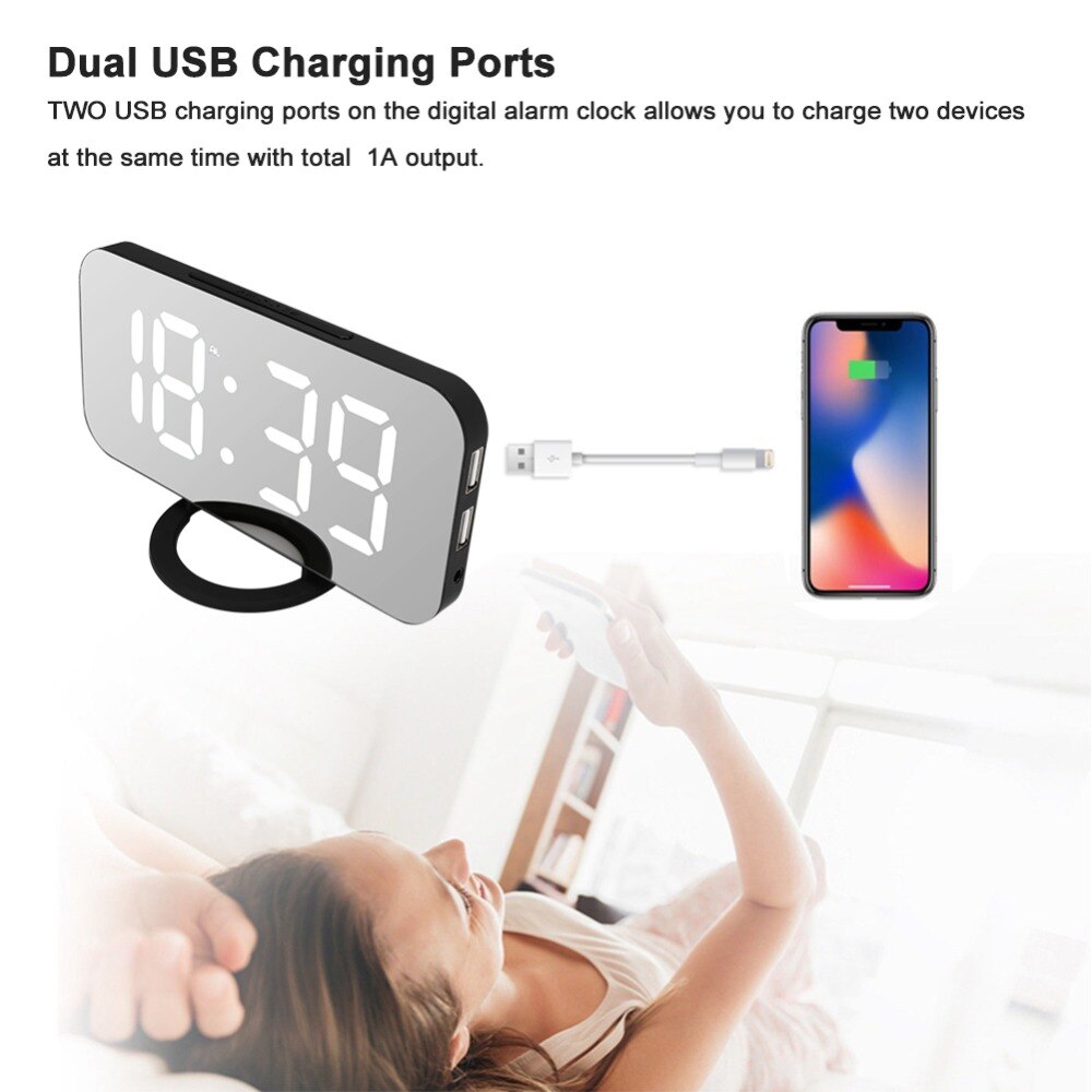 Ipad Phone Charging USB Alarm Clock Digital Clock with Dual USB Port Electronic LED Digital Desktop Decoration Mirror Surface