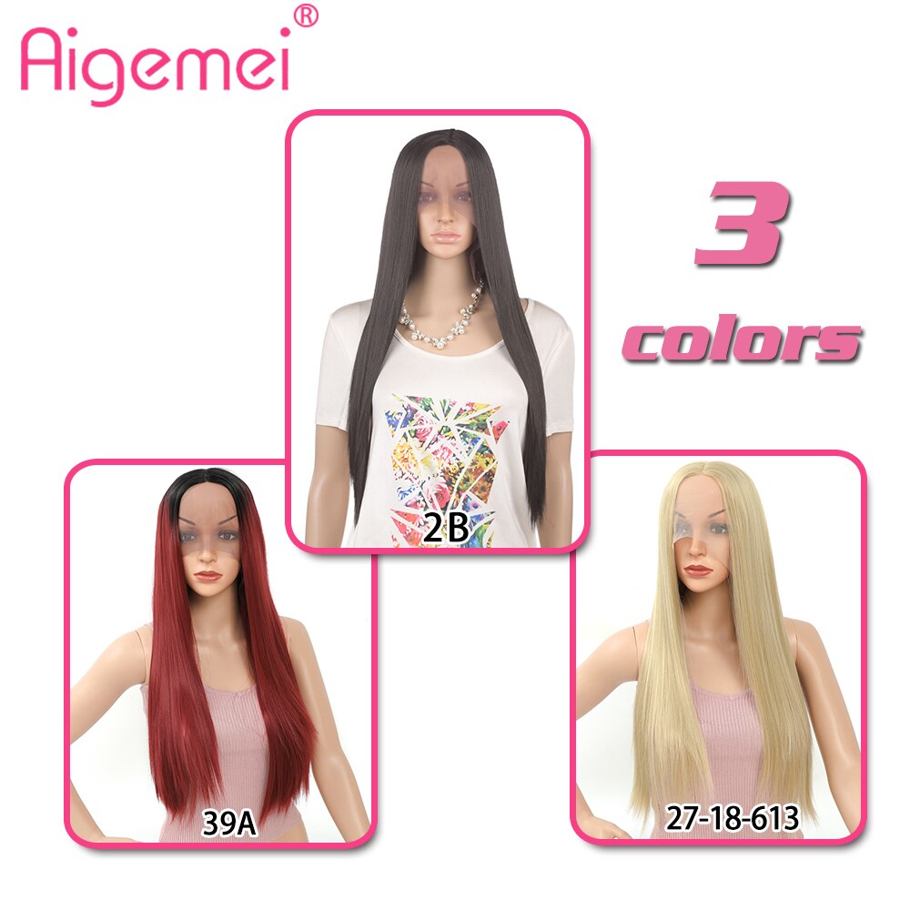 Aimemei-peluca con malla frontal sintética para mujer, pelo largo y liso de fibra de alta temperatura, color negro