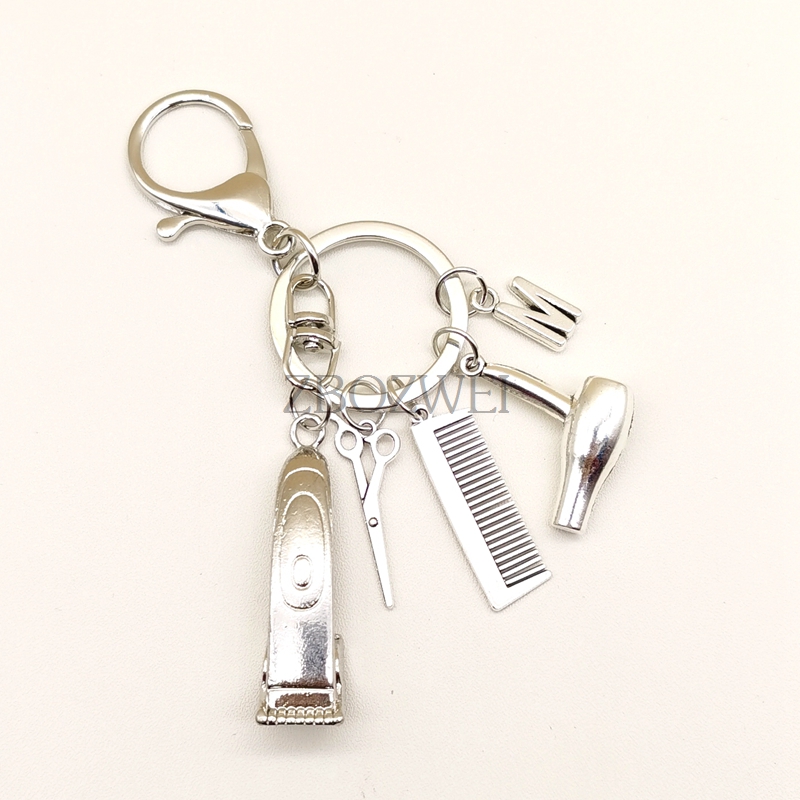 Peluquería, tijeras eléctricas de empuje para el cabello, secador de pelo, llavero con letras, peluquería, barbería, llavero personalizado, de joyería
