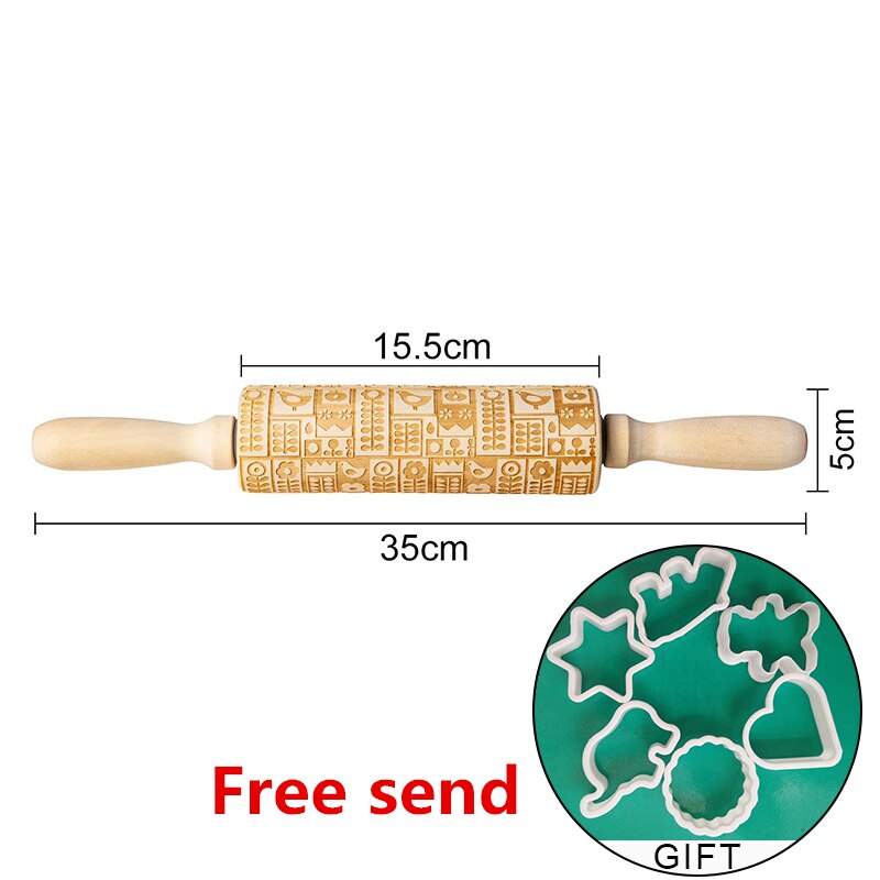 Kid Manual Rolling Pins Engraved with Designe Patterns Wooden Roller For Baking Embossed Cookies kitchen tools Christmas: B