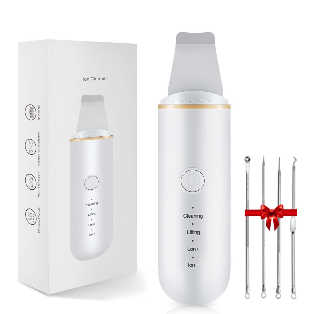 Épurateur de peau à ultrasons nettoyeur de pores pelle à éplucher visage nettoyage de la peau spatule visage grattoir Ion nettoyage vibreur visage épurateur: White with box