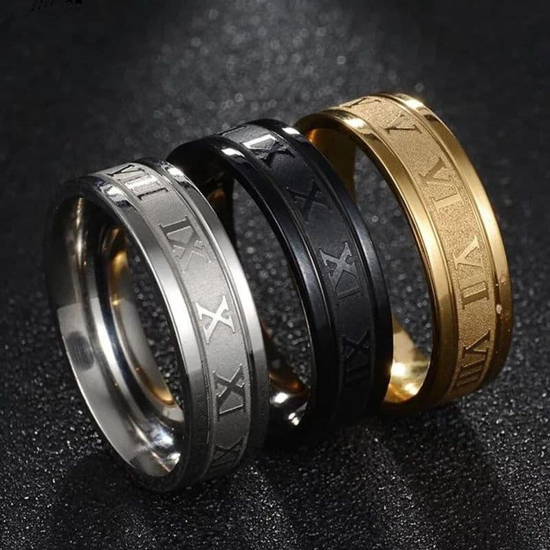 3 Anillos Hombre | Números Romanos, Gris-negro, Negro-Azul │ Anillos