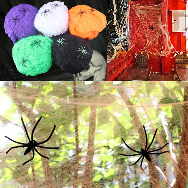 5 Farger Hjemsøkt Hus Spindelvev Dekorasjon Festrekvisitter Skrekkrekvisitt Halloween edderkopp web DIY Simulert Kjemisk Fiber