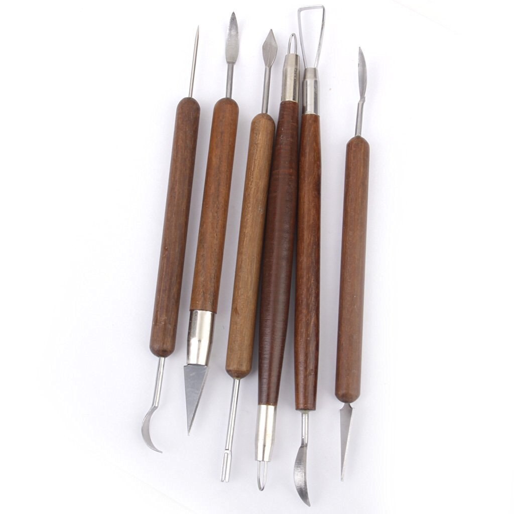 Pottery Clay Sculpture Carving Modeling Tools Wooden Handle Set of 6pcs