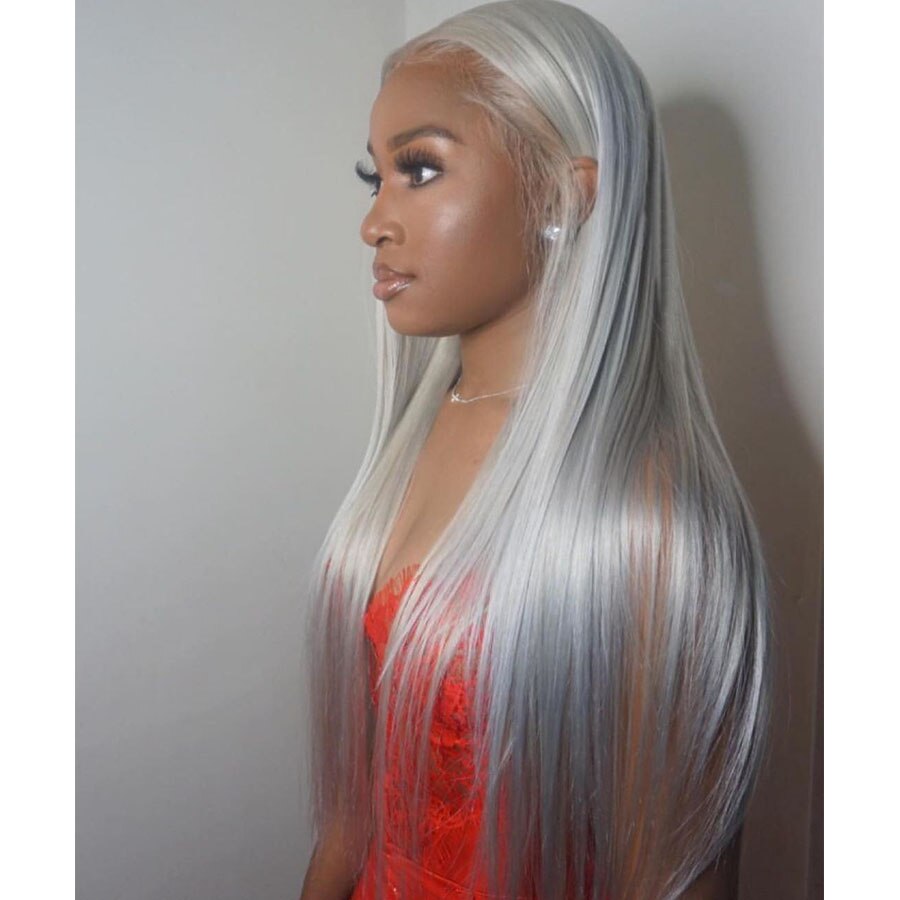 Straight Synthetic Lace Front Wig For Women Platinum Ash Grey Long Hair Heat Resistant Fiber Synthetic Wig Natural Hairline