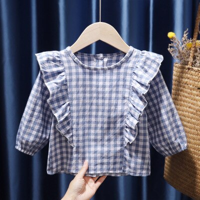 Bebê meninas xadrez camisa superior da criança manga longa roupas de outono: Azul