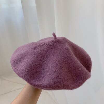 Luna & Dolphin-boina de lana para mujer, boina morada de seta de 90% de lana para otoño, gorro de artista púrpura de uva, gorro de pintor, gorro de invierno: purple grey