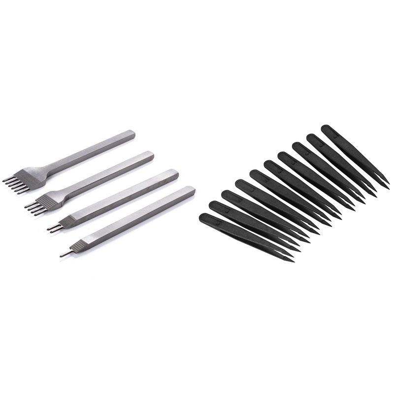 4 Stuks 3Mm Ponsen Gereedschap Voor Leer Ambachten 1 + 2 + 4 + 6 Tips &amp; 10 Pcs zwart Plastic Tip Hoofd Anti Statische Pincet 12Cm Lengte: Default Title