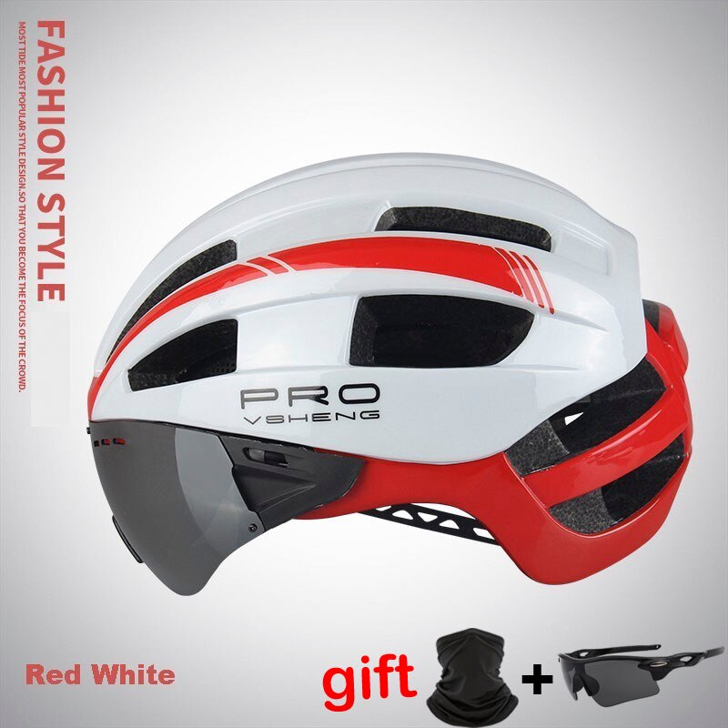 Bicycle Helmet Unisex Eyepiece Insect-proof Net Integrated Helmet Road Mountain Bike Helmet Safety Hat Cycling Helmet: Red White 1 lens