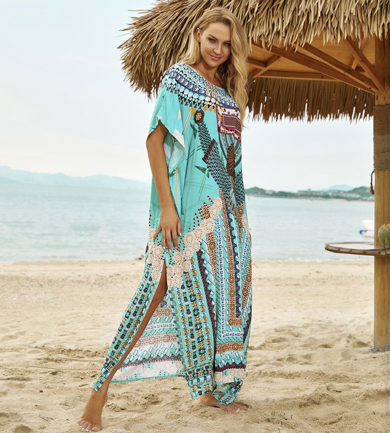 Bohemian bedrukte kaftan katoenen tuniek strandbedekking saida de praia dames strandkleding bikini bedekking robe de plage sarong