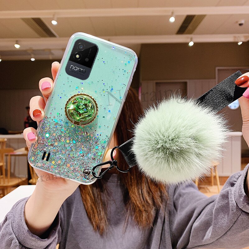 Handphone Case Voor Realme Narzo 50i Zachte Tpu Luxe Strass Ring Houder Hariball Met Riem: green