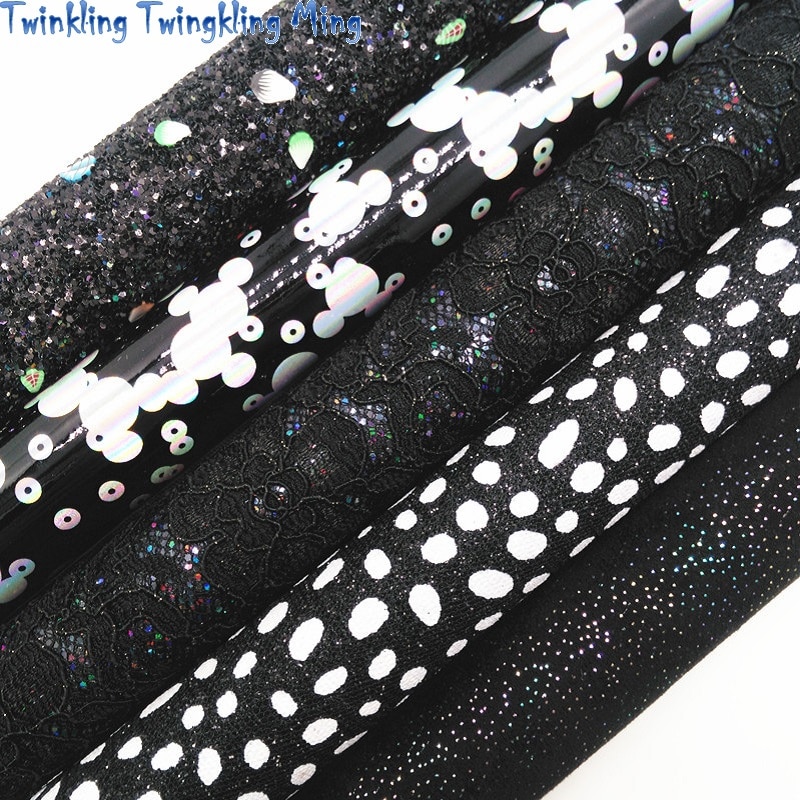 Black Glitter Leer, Stippen Gedrukt Glitter Stof, iriserende Synthetisch Leer Voor Boog A4 21X29Cm Twinkling Ming KM276