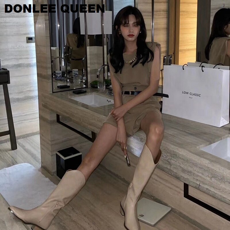 Herfst cowboylaarzen voor dames, hoge hakken, laarzen voor dames, western cowgirl laarzen, rits, halfhoge dikke sleehakken, winterlaarzen