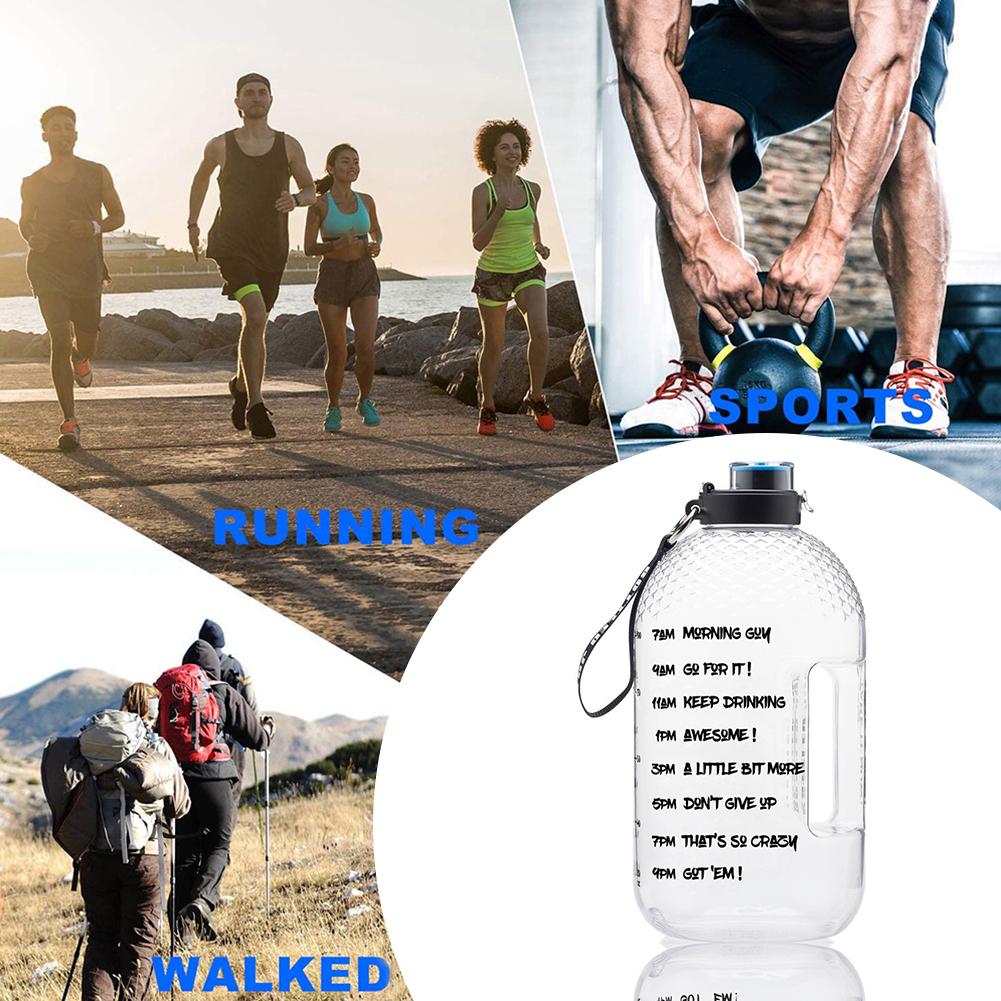 Botella de agua grande portátil PETG de 3.78L, jarra de agua deportiva de 1 galón con marcador de tiempo para acampar al aire libre