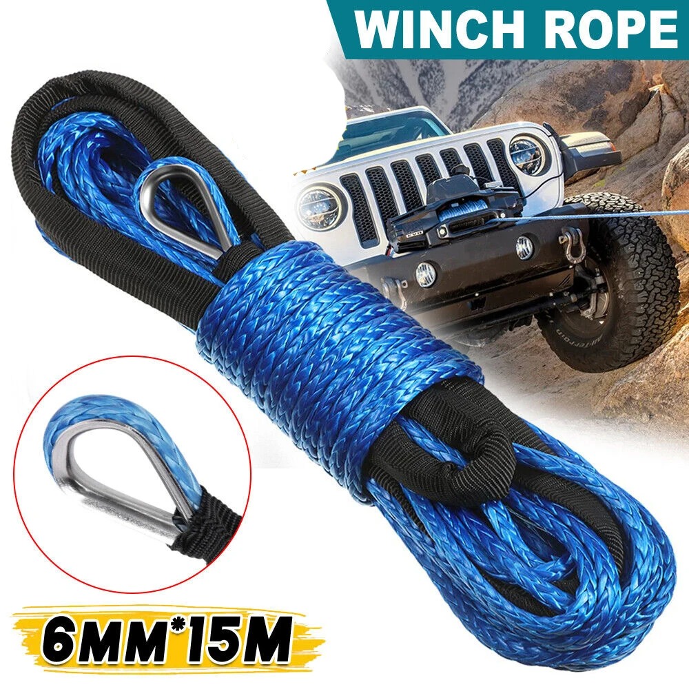 Vinschlina syntetfiberkrok vinschvajer kabel 6mm x 15m bilsläpvagn räddningsvajer 4wd suv: Default Title