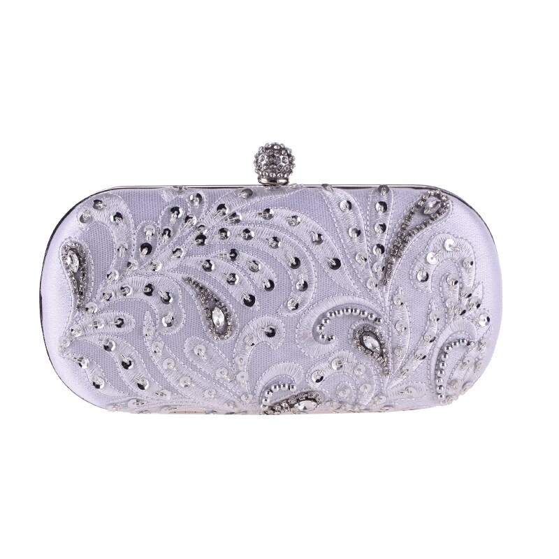 Solid Evening Bags Luxury Peacock Feather Clutches Wedding Banquet Box Bag Party Shoulder Pouch With Rhinestone: silver