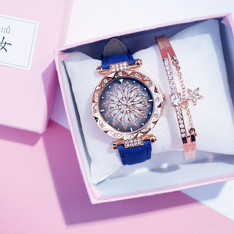 Women Watches Set Starry Sky Ladies Bracelet Watch Casual Leather Sports Quartz Wristwatch Clock Relogio Feminino: Blue With Bracelet