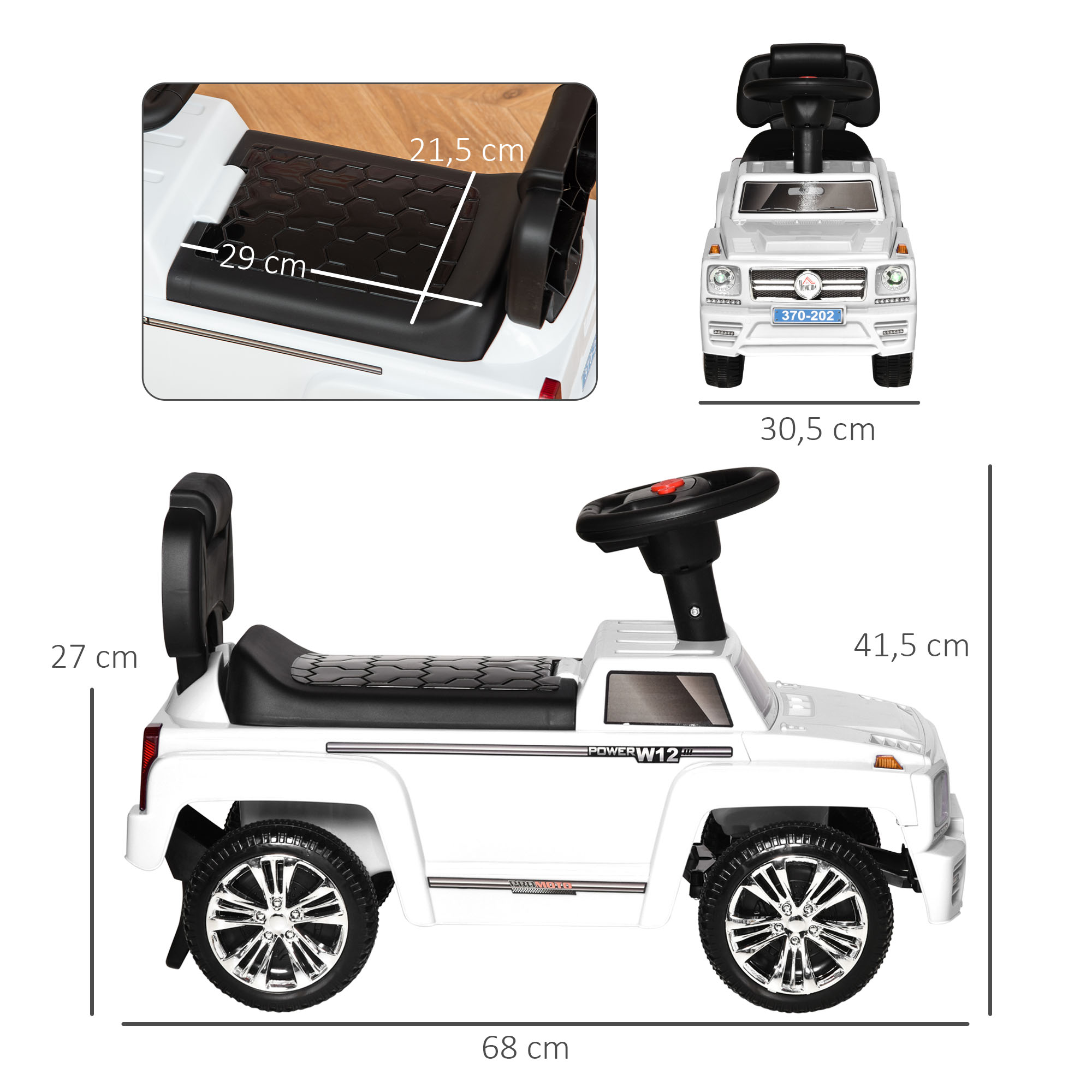 HOMCOM Coche Correpasillos para Bebé de 18-36 Meses Coche sin Pedales con Faros Música Bocina Compartimento de Almacenaje y Respaldo Alto 68x30,5x41,5 cm