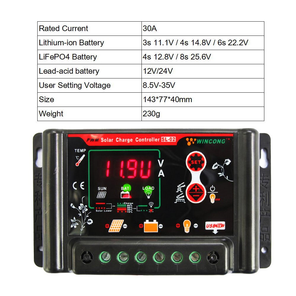 Laadregelaar 30A 20A 10A 12V 24V Auto Intelligentie Home System Regulator SL02B Wincong Batterij Li-Ion Ni-Mh LiFePO4: 30A 12V 24V