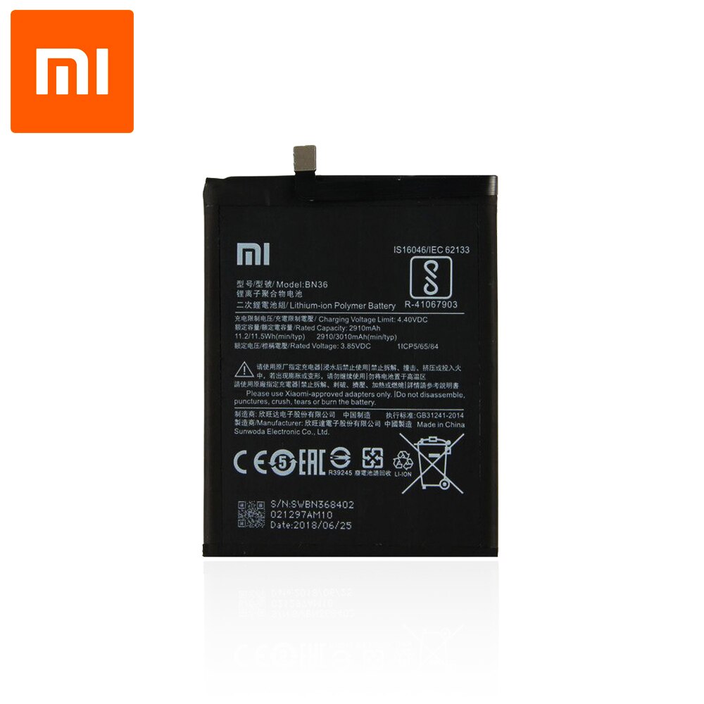 Originele Smartphone Batterij Voor Xiaomi Mi 6x / Mi A2 (3.85V, 3010 Mah, BN36)