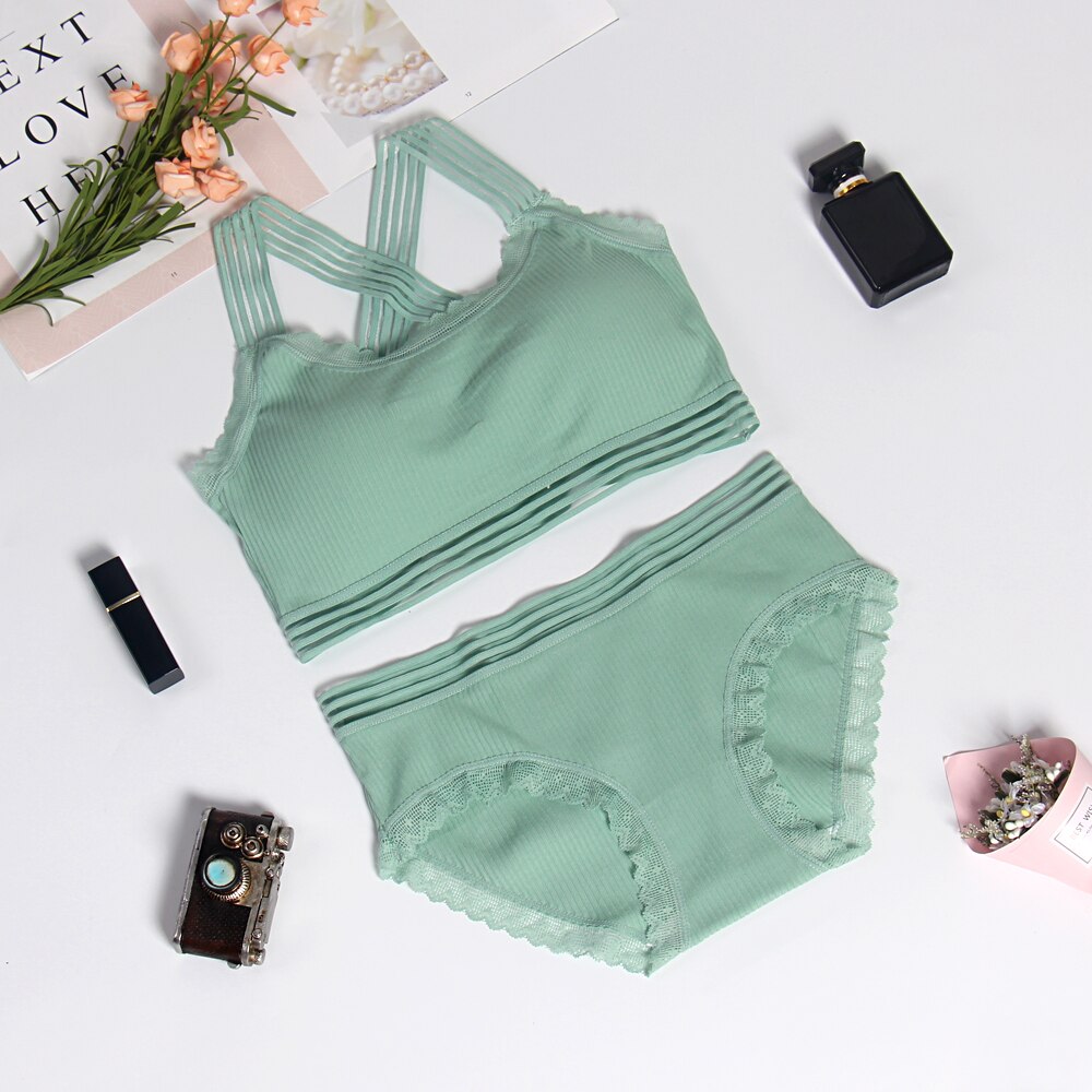 Sexy Women Bra Set Lingerie Janpanese Cotton Lady Underwear Set Bras Ropa Interior Soild Lace Panties For Girl Plus Size B0103: Green