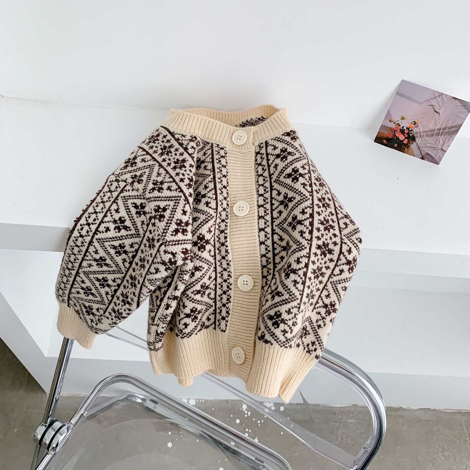 Høst jenter strikkede gensere barn blomster cardigans barn vinterklær: Beige / 5