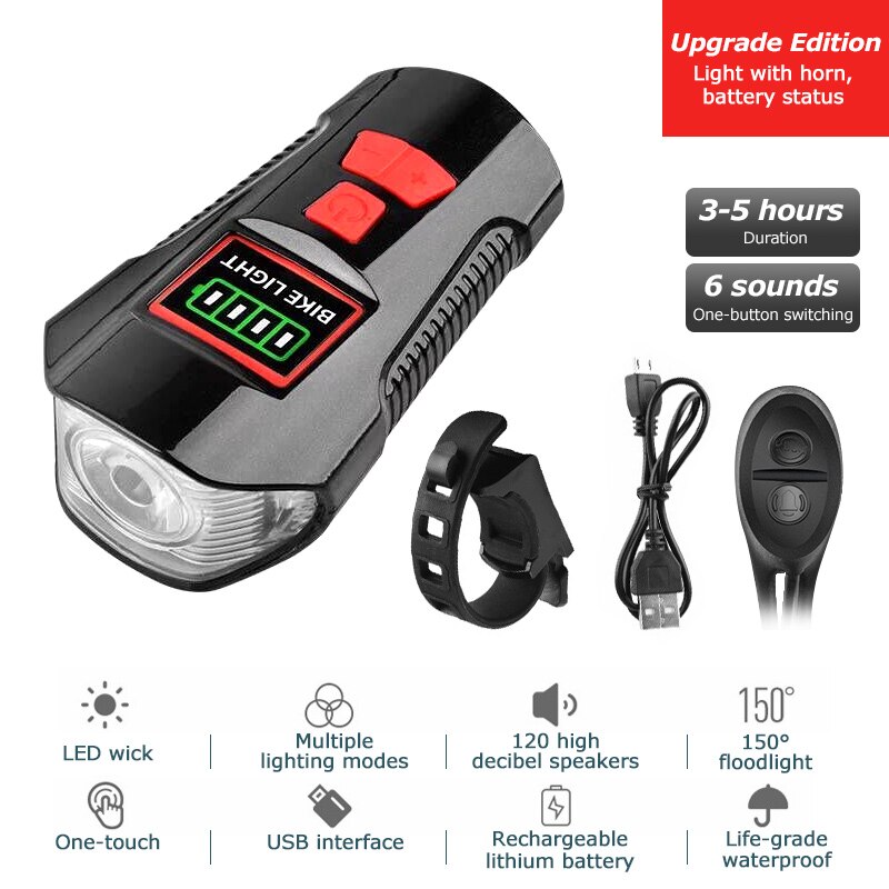 Waterproof Bicycle Computer With Light USB Charging Bike Front Light Flashlight Handlebar Cycling Head Light w/ Horn Speed Meter: Upgrade Edition Red