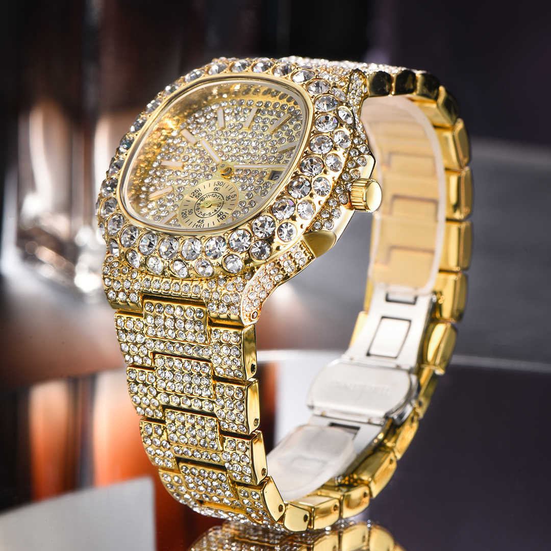 Lyxig iced klocka herrklocka i rostfritt stål guld armbandsur hiphop diamant bling smyckesklocka för män reloj hombre