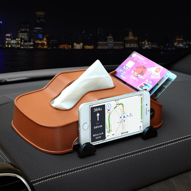 Bilvævskasse multifunktionel bil serviet kortholder container mobiltelefonbeslag autor sæde kasse bil styling: Brun