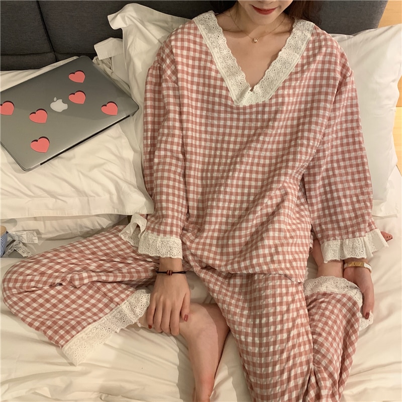 CAIYIER-Conjunto de pijamas coreanos Ulzzang para niñas, ropa de dormir holgada informal de manga larga con cuello en V, ropa de invierno, color rosa
